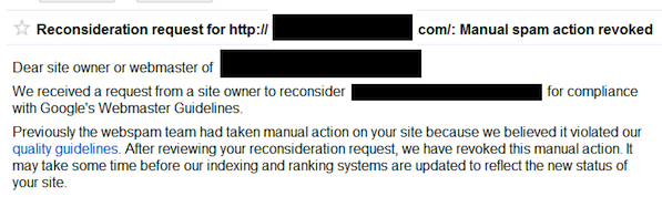 Capture d'écran : Courriel de demande de réexamen d'une sanction par Google depuis la console de recherche Google.