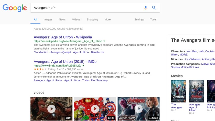 Capture d'écran de l'exemple de recherche Google avec joker