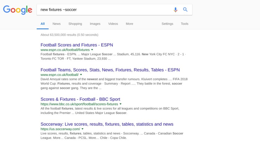 Capture d'écran du synonyme de recherche Google