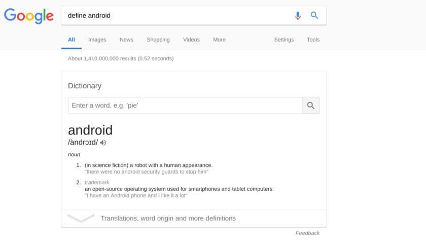 Capture d'écran de la définition du dictionnaire de la recherche Google