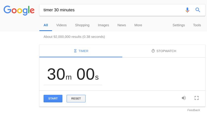 Exemple de capture d'écran du Google Search timer