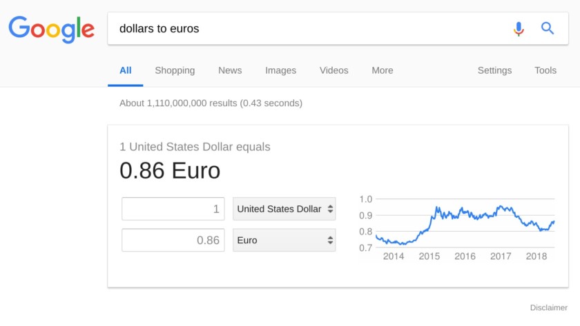 Capture d'écran de l'exemple de conversion de devises de Google Search