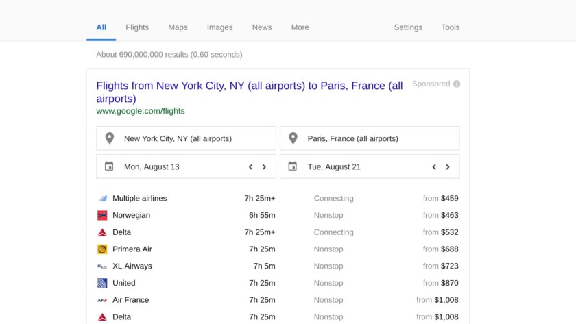 Exemple de capture d'écran des vols de recherche Google