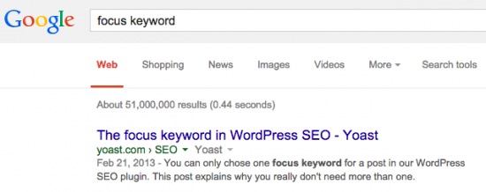 une recherche par "focus keyword" dans Google